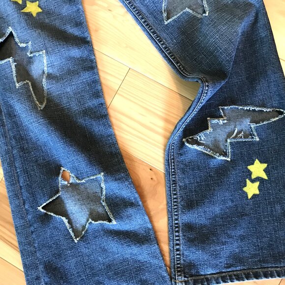 Upcycled Jones New York Destroyed Ripped Jeans, Stars & Bolts Cutouts, Size 4 - Picture 10 of 12